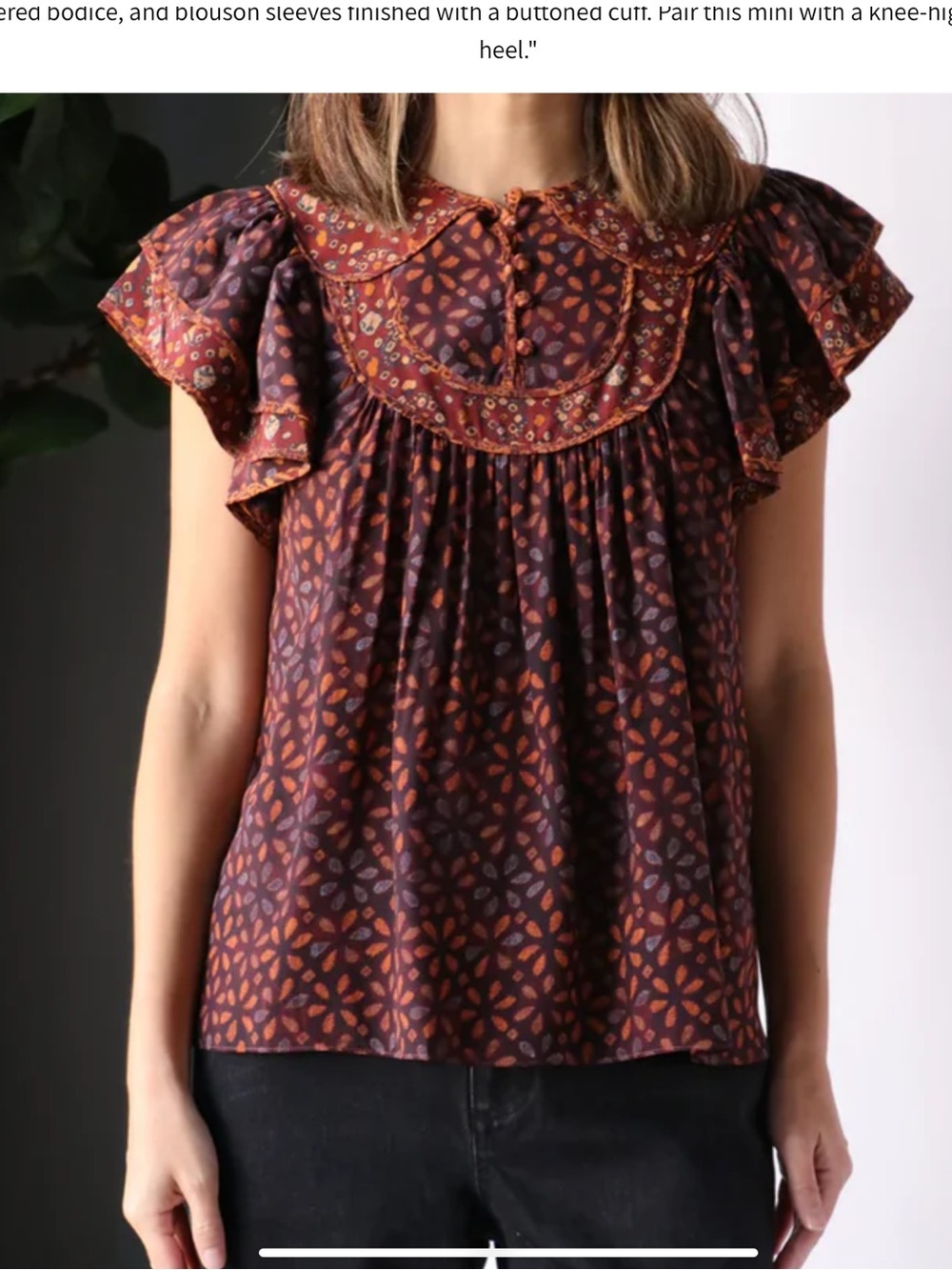 Ulla Johnson Citra 100% silk flutter sleeve Peter Pan collar top size 8